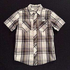 Helix Grey Plaid Button Up Short Sleeve Boys Dress Shirt Size Small